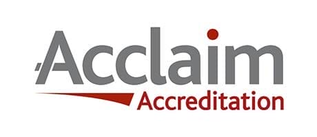 Accreditation logo showcased on the website footer with a white background.