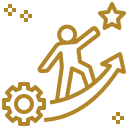 A gold icon about a man holding a star and gears.