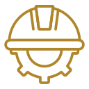 Glass Repair/Replacement A gold hard hat icon on a black background, symbolizing industrial safety.